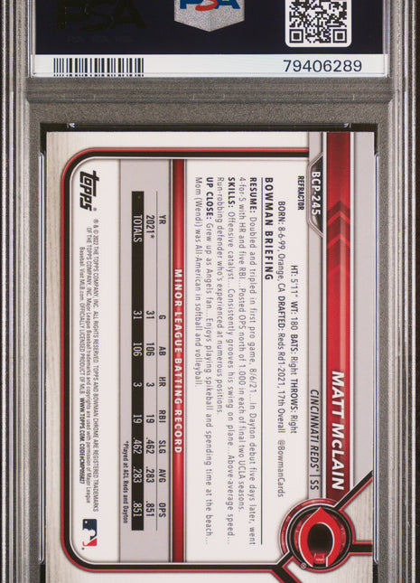 Matt Mclain PSA 10 2022 Bowman Chrome Prospects #BCP245 Shimmer Refractor