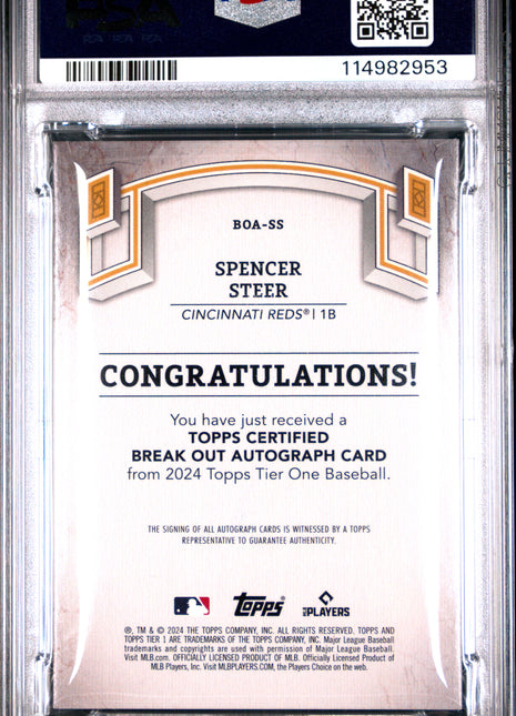Spencer Steer PSA 10 2024 Topps Tier One Break Out Autographs #BOASS 157/249