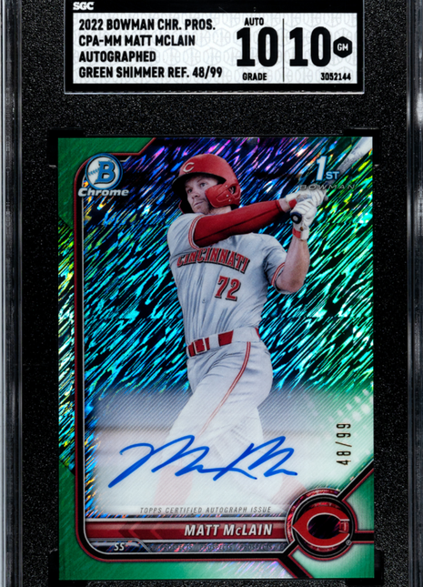 Matt Mclain SGC 10 2022 Bowman #CPA-MM CHR. Pros. Autograph Green Shim. Refractor 99